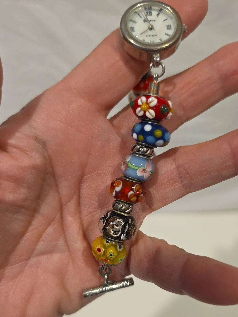 Colorful Multi-patterned Glass Beaded Watchband With Geneva Platinum Watch